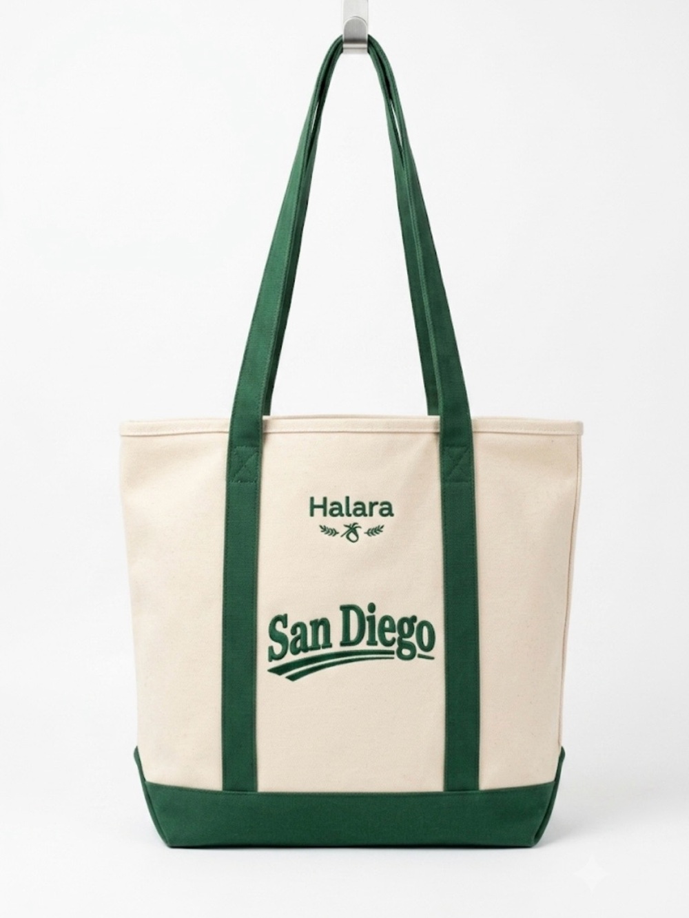HALARA Cream Canvas Tote with Dark Green Accents